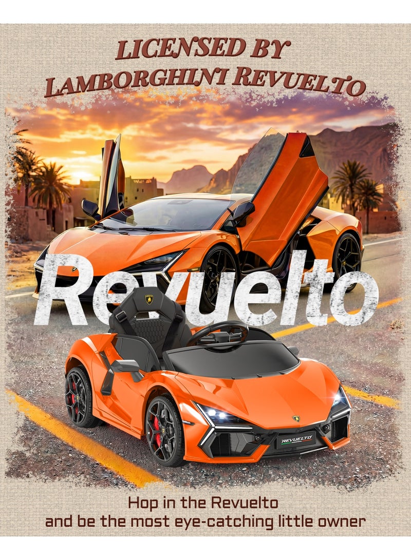 فيرست رايد أون - لعبة سيارة ركوب لامبورجيني ريفويلتو مرخصة 12 فولت، قيادة للأطفال، مع جهاز تحكم عن بعد، ألعاب ركوب للأطفال الصغار مع حزام أمان ثلاثي النقاط، 3 سرعات، بلوتوث (برتقالي) - Image 2